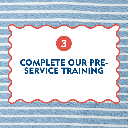 Step three graphic for becoming a CASA volunteer in Milam County: Complete CASA of Milam County pre-service training.
