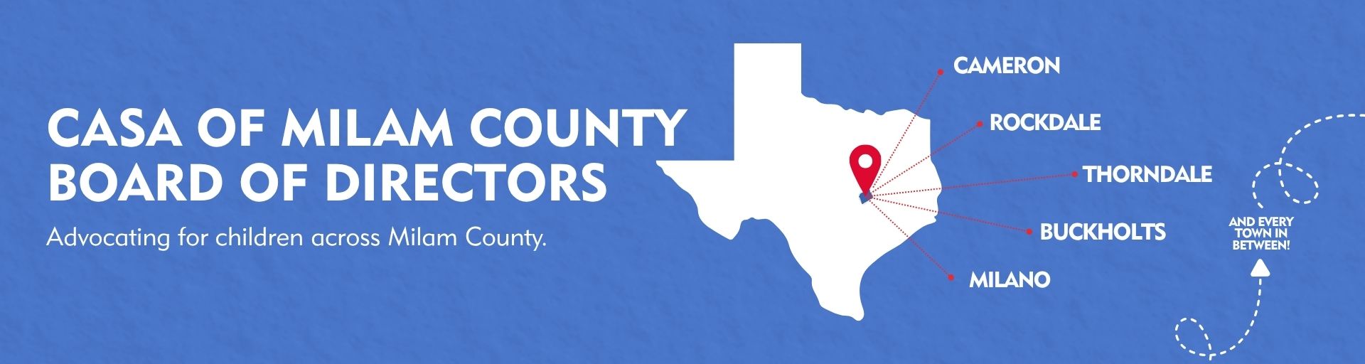 CASA of Milam County Board of Directors graphic showing countywide advocacy for children across Milam County.